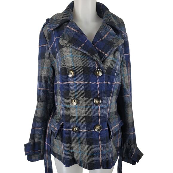 Torrid Vintage Double Breasted Gray/Black/Blue/Yellow Plaid Jacket w Belt 1/1X - Picture 2 of 7